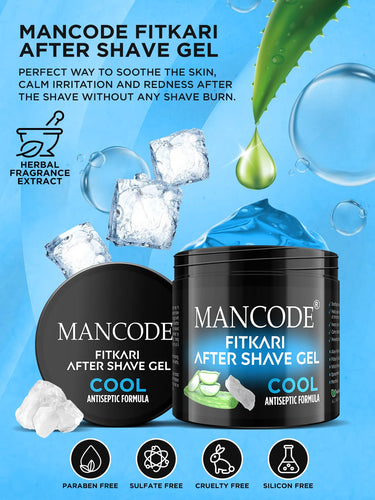 Mancode Fitkari After Shave Gel Cool for Men | Post Shave Gel | Treats Aftershave Cuts; Wounds; Razor Burn | Skin Irritation | Refreshing Aqua Fragrance | Alcohol Free After Shave 100gm (Pack of 1)